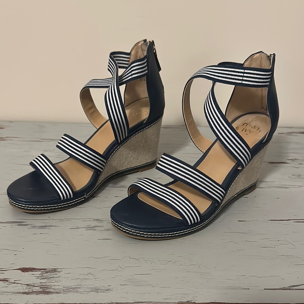 Crown & Ivy Navy and White Striped Wedges